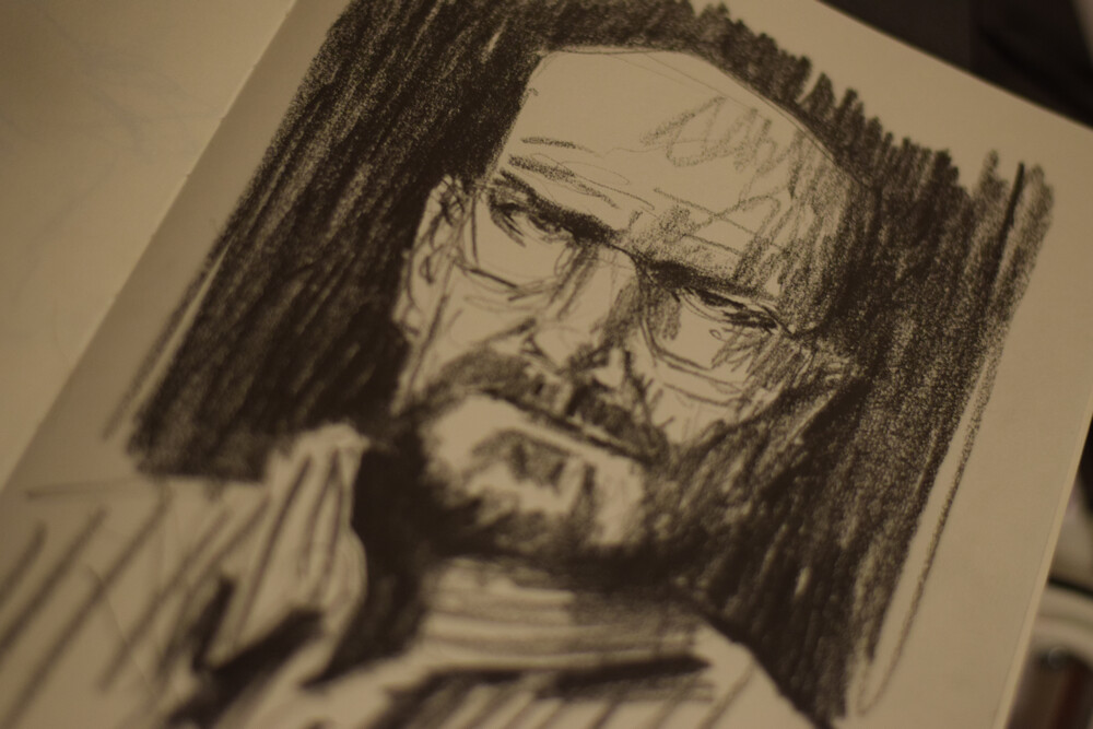 Thumbnail of a traditional black and white drawing of Walter White in Breaking Bad, made by Agathe Mazur.